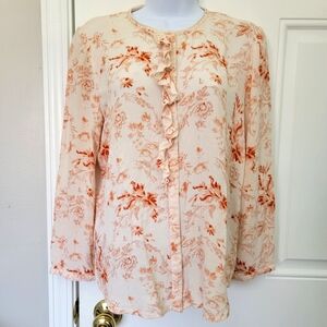 Hinge Cream Red Floral Ruffled Cutout Back Button Down Blouse Size Medium